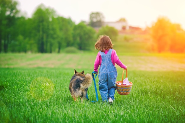 Bambina con un cane che cammina nel campo per un picnic