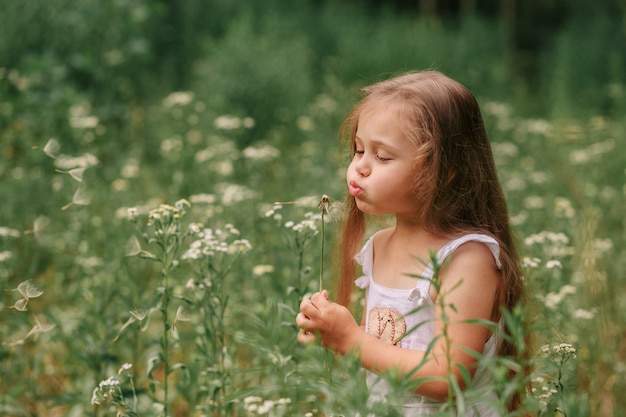 bambina con un grande dente di leone in natura in estate