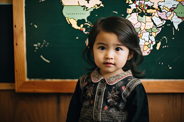 Bambina davanti a una mappa del mondo