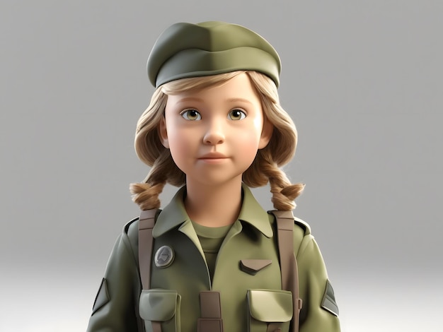 Bambina del fumetto 3D in uniforme dell'esercito con uno sfondo bianco di spazio vuoto