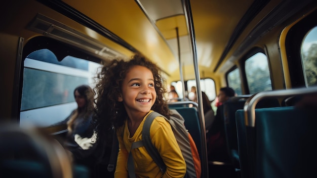 Bambina della scuola elementare seduta nell'autobus scolastico