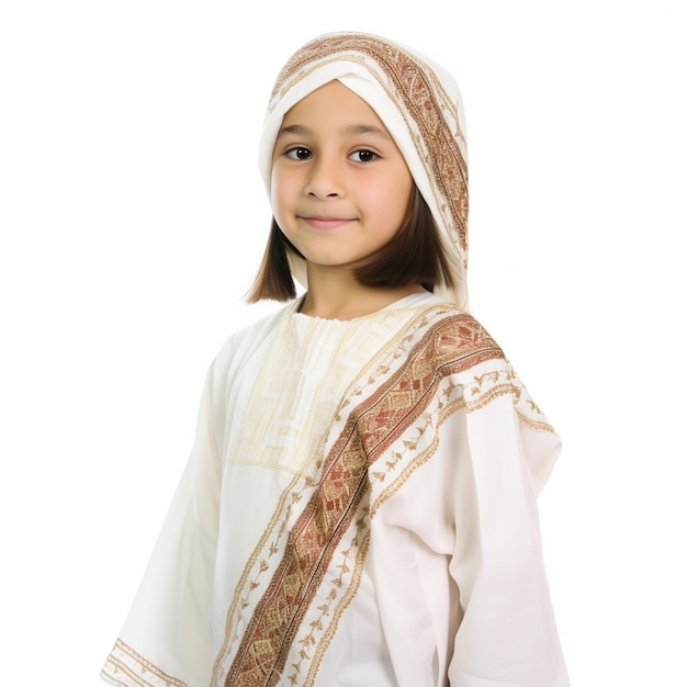 Bambina di 8 anni con Thobe tradizionale su sfondo bianco 6