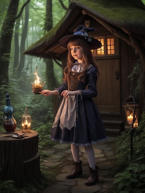 Bambina di notte Una casa favolosa La ragazza tiene in mano una vecchia lanterna e un orso giocattolo Storie per bambini