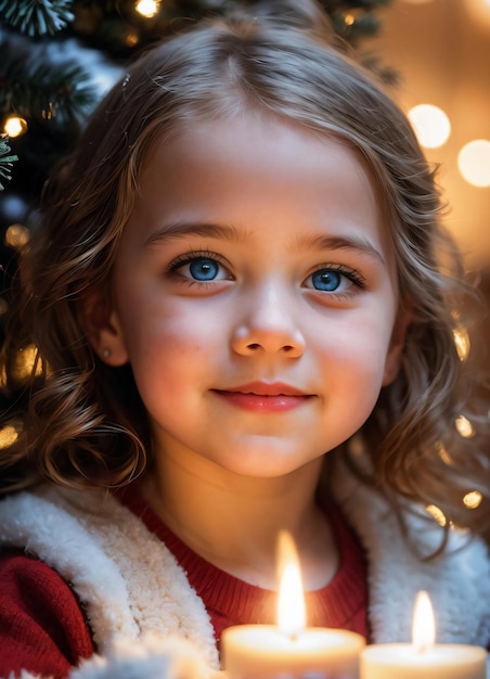 Bambina europea sorridente felice nell'atmosfera di buon Natale e felice anno nuovo