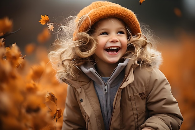 bambina felice bambina che ride e gioca in autunno