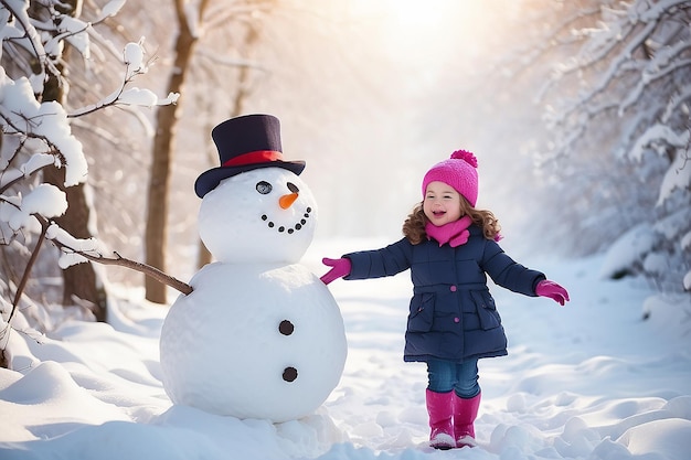 Bambina felice che gioca con un pupazzo di neve in una passeggiata invernale innevata