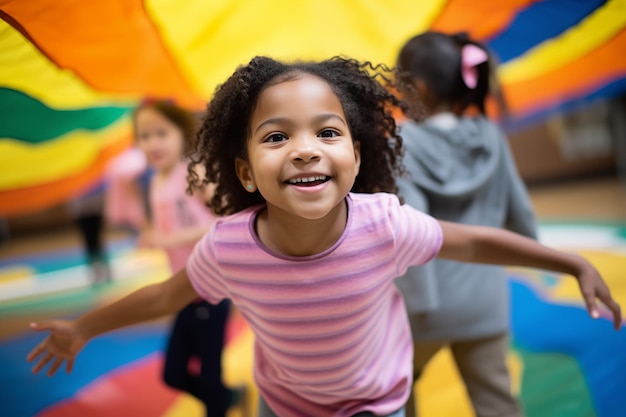 Bambina felice che si diverte a giocare nel parco coperto AI generativa