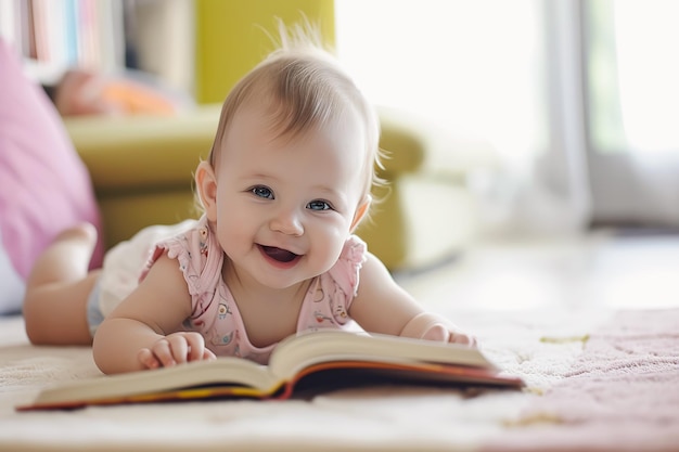 Bambina felice gioiosa bambina sorridente e leggere un libro mentre è seduto sul divano divano in soggiorno a