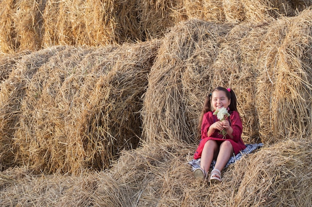 Bambina felice in vestito rosso sulla pila di paglia