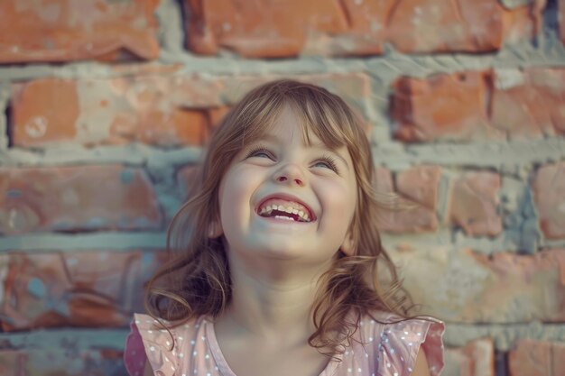 Bambina felice, ragazzina che ride di un muro di mattoni vuoto