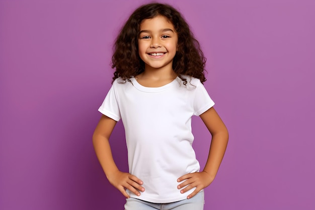 Bambina femmina che indossa una camicia bianca in tela bella mockup su sfondo purpe Design tshirt modello stampa presentazione mockup AI generato