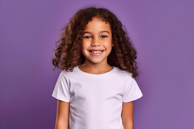 Bambina femmina che indossa una camicia bianca in tela bella mockup su sfondo purpe Design tshirt modello stampa presentazione mockup AI generato