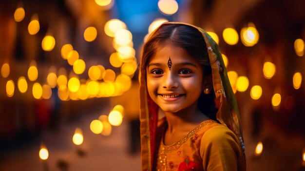 Bambina in abiti tradizionali che tiene in mano scatole regalo diya ladoo diverse pose sulla o