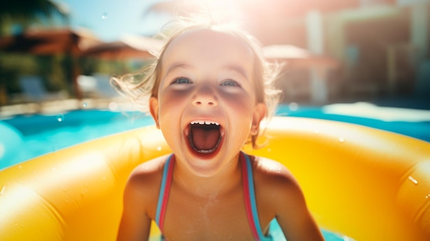 bambina in piscina con anello gonfiabile