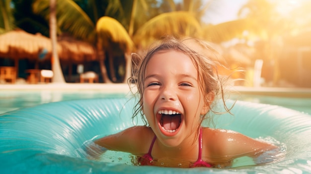 bambina in piscina con anello gonfiabile