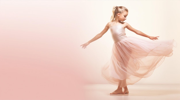Bambina in una posa di balletto la delicata grazia dei suoi movimenti rispecchiata dal suo vestito fluente