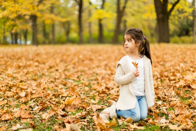 Bambina nel parco d&#39;autunno