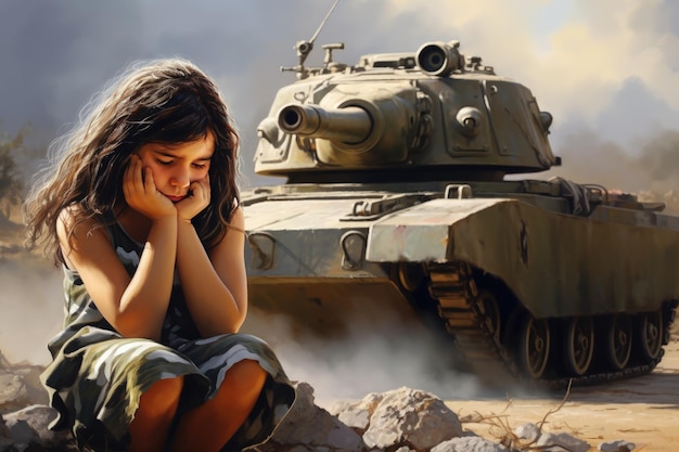 Bambina palestinese che piange di paura davanti al serbatoio