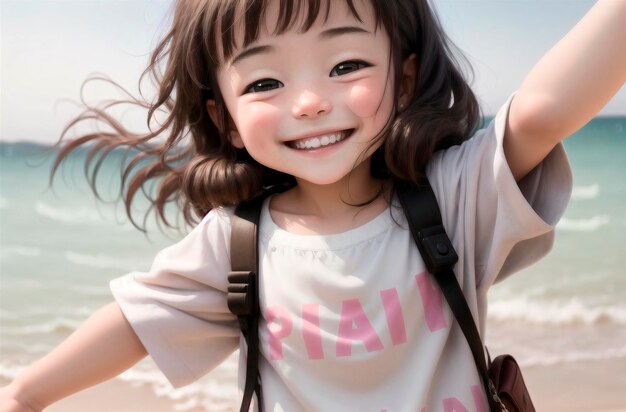Bambina positiva sullo sfondo del mare oceano Ritratto di bambino felice con il sorriso sul viso IA generativa