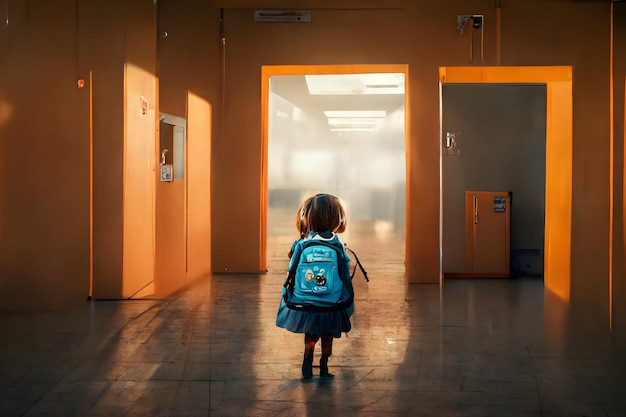 Bambina rivolta all'indietro con lo zaino in piedi da solo nell'edificio scolastico all'immagine generata dalla rete neurale di una giornata di sole