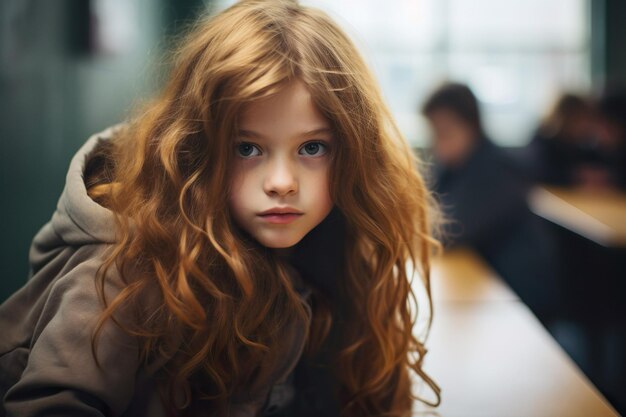 Bambina seduta a scuola e guardando a porte chiuse Bella ragazza in una classe