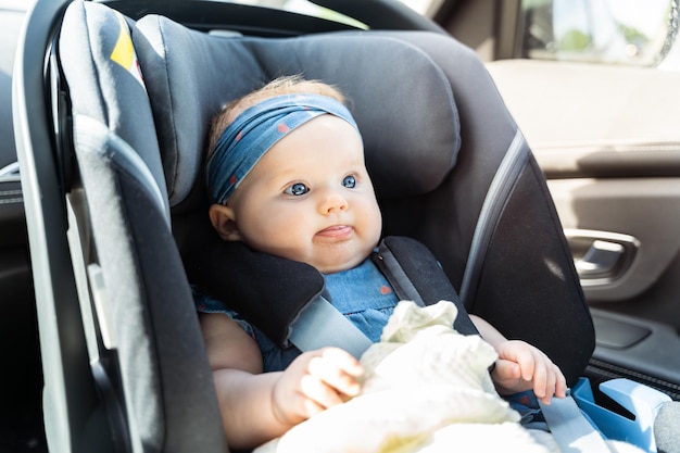 Bambina seduta in un seggiolino per auto sicurezza che viaggia in auto con bambino piccolo