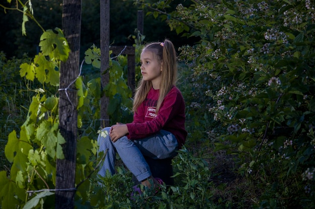 Bambina seduta nel giardino serale vicino all'uva