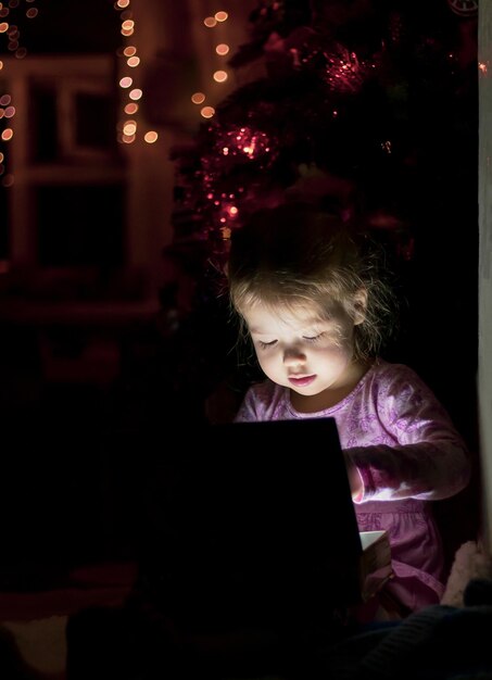 bambina seduta sul pavimento in una stanza buia che gioca con il computer portatile sullo sfondo di una luce incandescente di ghirlanda