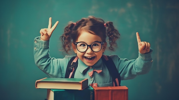 Bambina sorridente all'inizio dell'anno scolastico in piedi davanti a un libro contro una lavagna