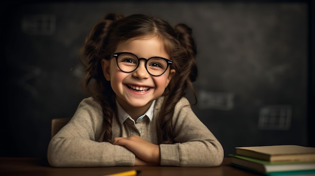Bambina sorridente all'inizio dell'anno scolastico seduta davanti a un libro contro una lavagnaCreato con la tecnologia Generative AI