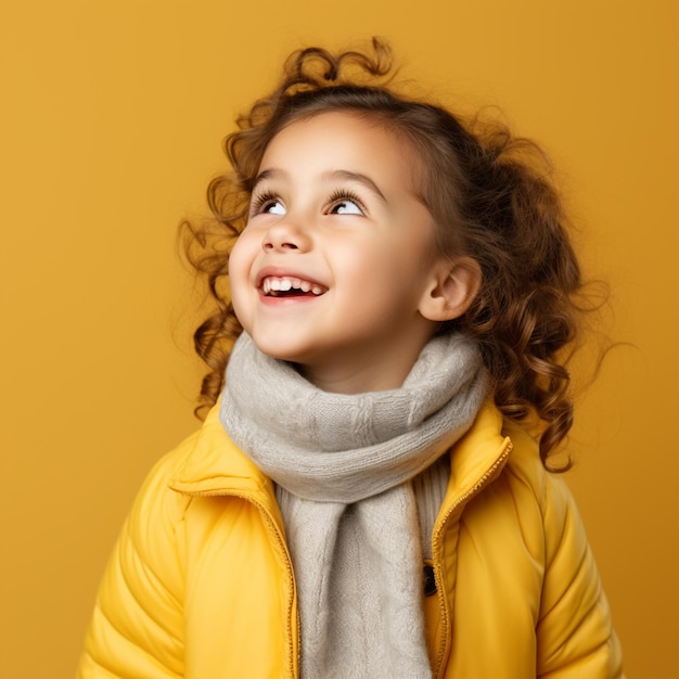 Bambina sorridente bambina ragazza guarda in copyspace isolato su sfondo di colore giallo