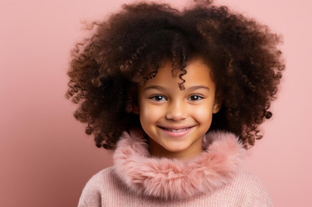 Bambina sorridente con i capelli scuri su uno sfondo rosa in primo piano