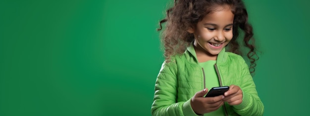 Bambina sorridente con un telefono cellulare su uno sfondo colorato.