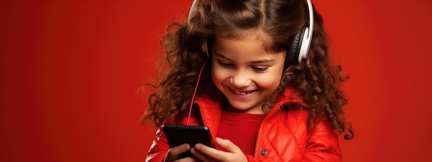 Bambina sorridente con un telefono cellulare su uno sfondo colorato.