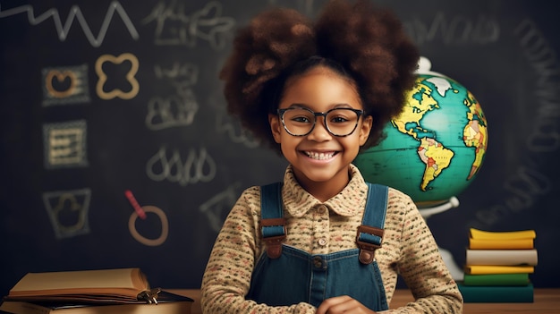 Bambina sorridente seduta davanti a un libro contro una lavagnaCreato con la tecnologia Generative AI