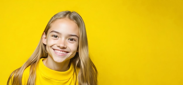 bambina sorridente su sfondo giallo bambina indossa la camicia gialla Isolato