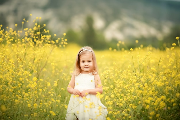 Bambina sorridente sveglia con la corona del fiore sul prato all'azienda agricola. Ritratto di adorabile bambino piccolo all'aperto. Di mezza estate. giorno della Terra