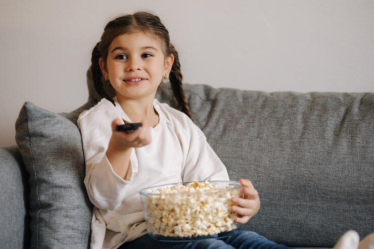 Bambina sorrise usando il telecomando della TV e guardando i cartoni animati Ragazza di quattro anni che mangiava popcorn sul divano