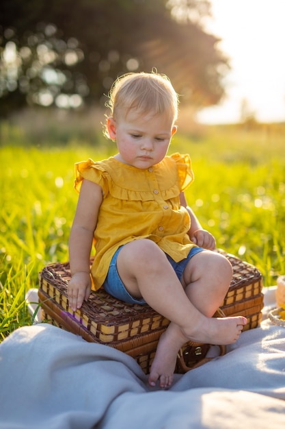 Bambina su un picnic alle luci del tramonto in natura