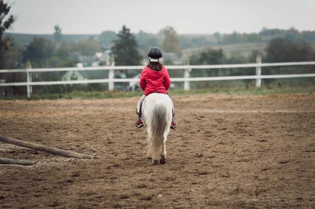 Bambina su un pony bianco