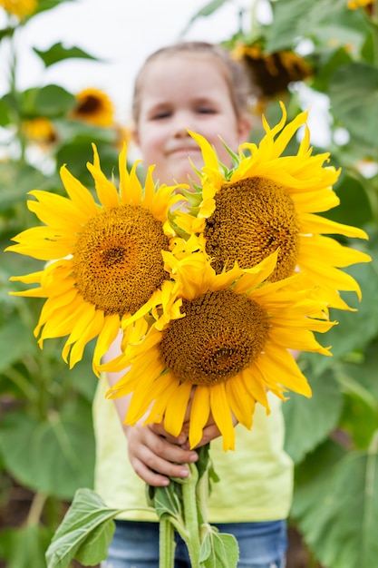 bambina sul campo con i girasoli. natura