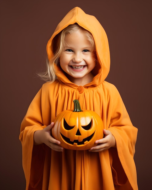 Bambina sveglia che indossa il costume di Halloween arancione e che tiene la zucca isolata su sfondo scuro