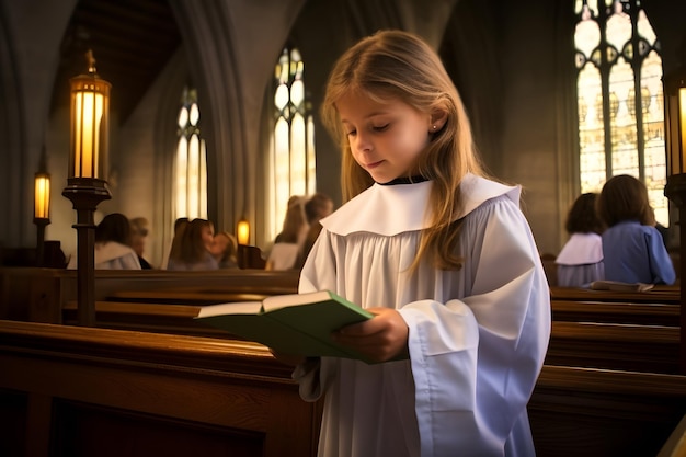 Bambina sveglia che legge il libro della Sacra Bibbia Culto in chiesa