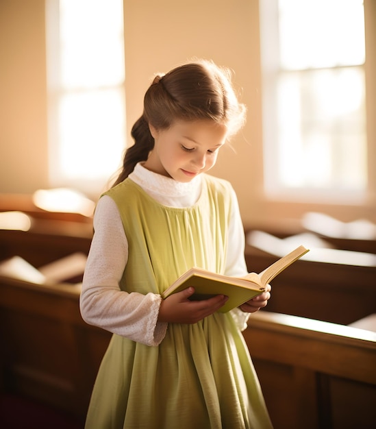 Bambina sveglia che legge il libro della Sacra Bibbia Culto in chiesa