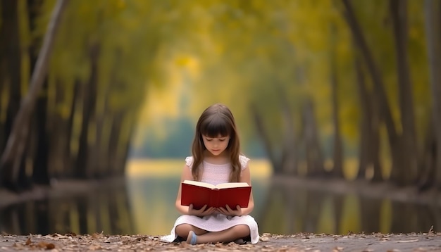 Bambina sveglia che legge il libro della Sacra Bibbia in campagna