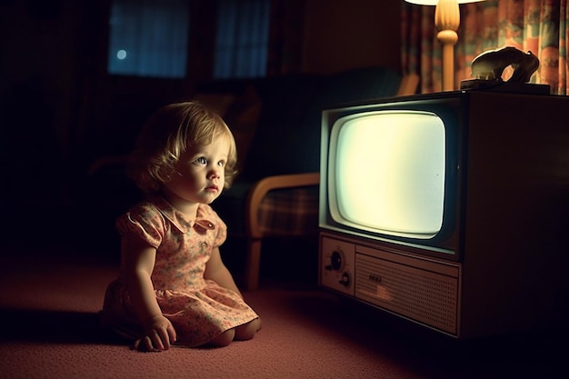 Bambina sveglia che si siede davanti ad una vecchia televisione alla notte