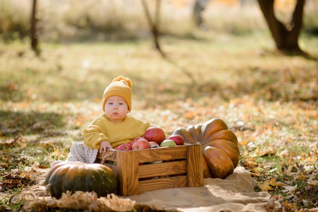 Bambina sveglia che si siede sulla zucca e che gioca nella foresta di autunno