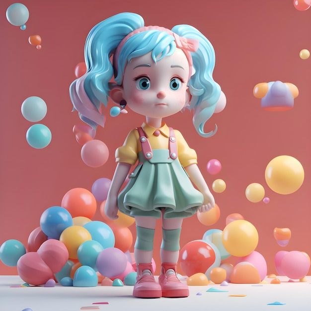 Bambina sveglia con palloncini e coriandoli illustrazione 3d