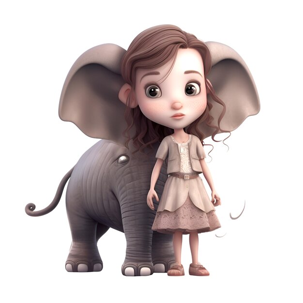 Bambina sveglia con un elefante su sfondo bianco rendering 3d