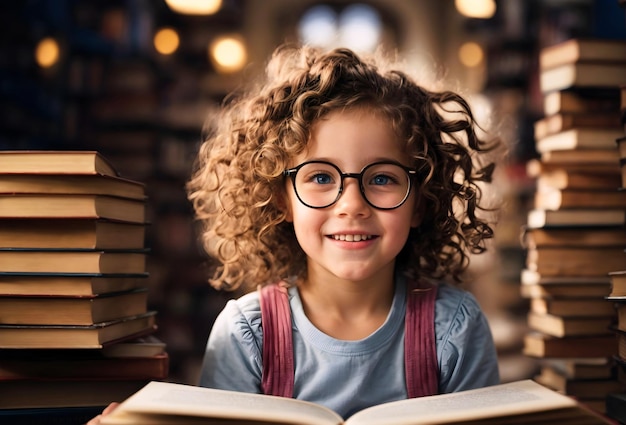 Bambina sveglia del ritratto con gli occhiali e capelli ricci che legge pile di libri di concetto di scuola di libri
